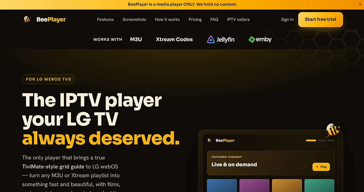 BeePlayer — IPTV player website for LG TVs, built by Fisher.digital