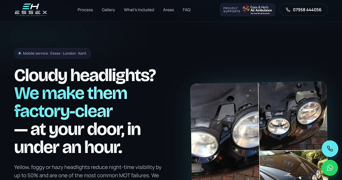 Essex Headlight Restoration website — mobile headlight restoration in Essex, designed and built by Fisher.digital
