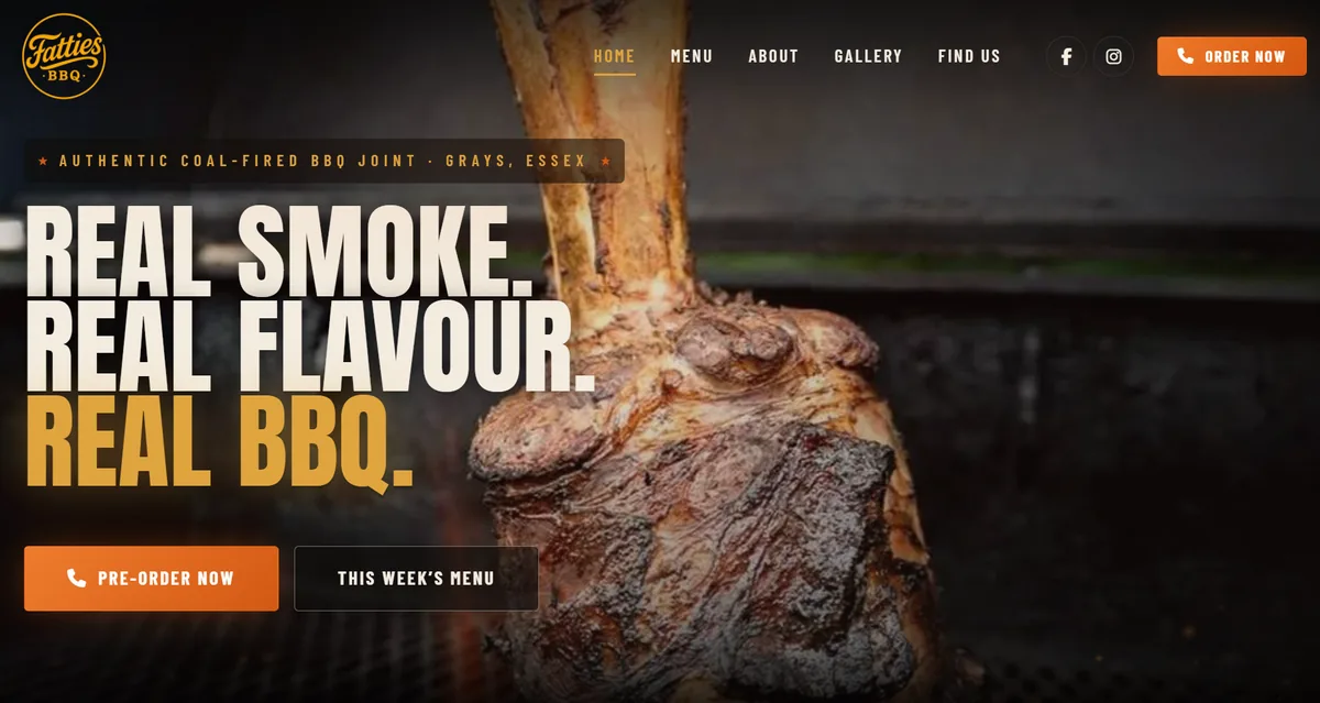 Fatties BBQ website — a coal-fired smokehouse in Grays, Essex, designed and built by Fisher.digital