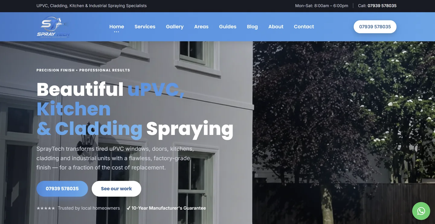 SprayTech website — uPVC, kitchen, cladding and industrial spraying across the Home Counties, designed and built by Fisher.digital