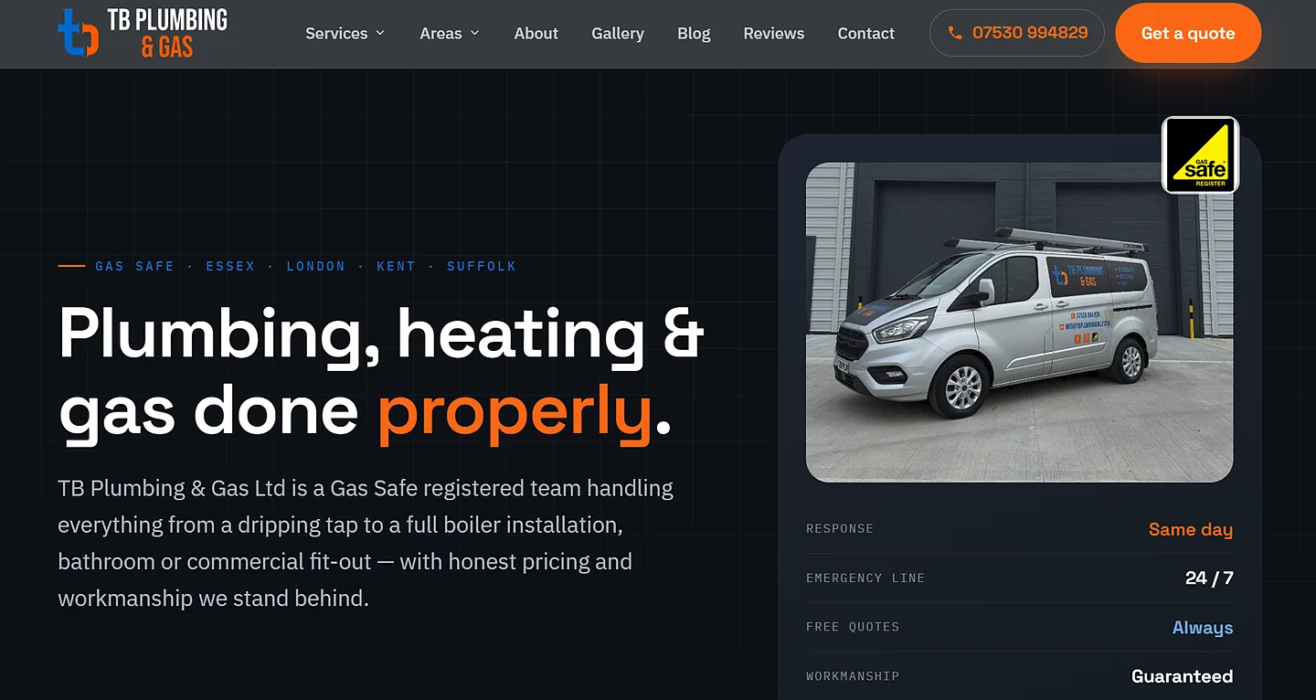 TB Plumbing & Gas website with a custom admin panel, designed and built by Fisher.digital